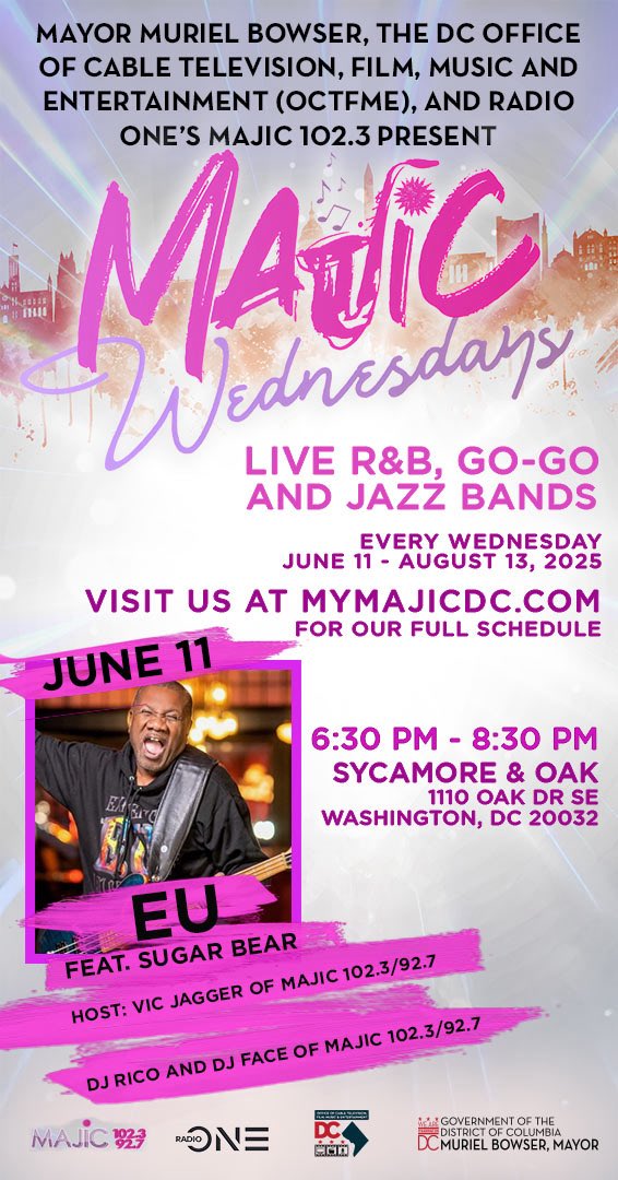 🎶 Mayor Bowser presents #MajicWednesdays! Free concerts every Wed thru Aug 13 at Sycamore &amp; Oak! 🎷 RSVP: bit.ly/majicweds