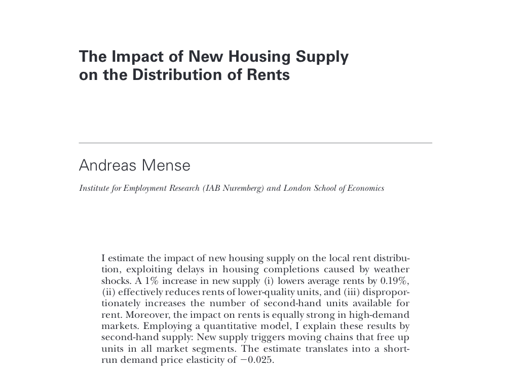 A cool research paper here that 1) uses weather-related delays to housing completions in Germany to estimate the reduction in rents from new homebuilding and 2) models how new market-rate housing supply reduces rents for low-income earners. 🧵