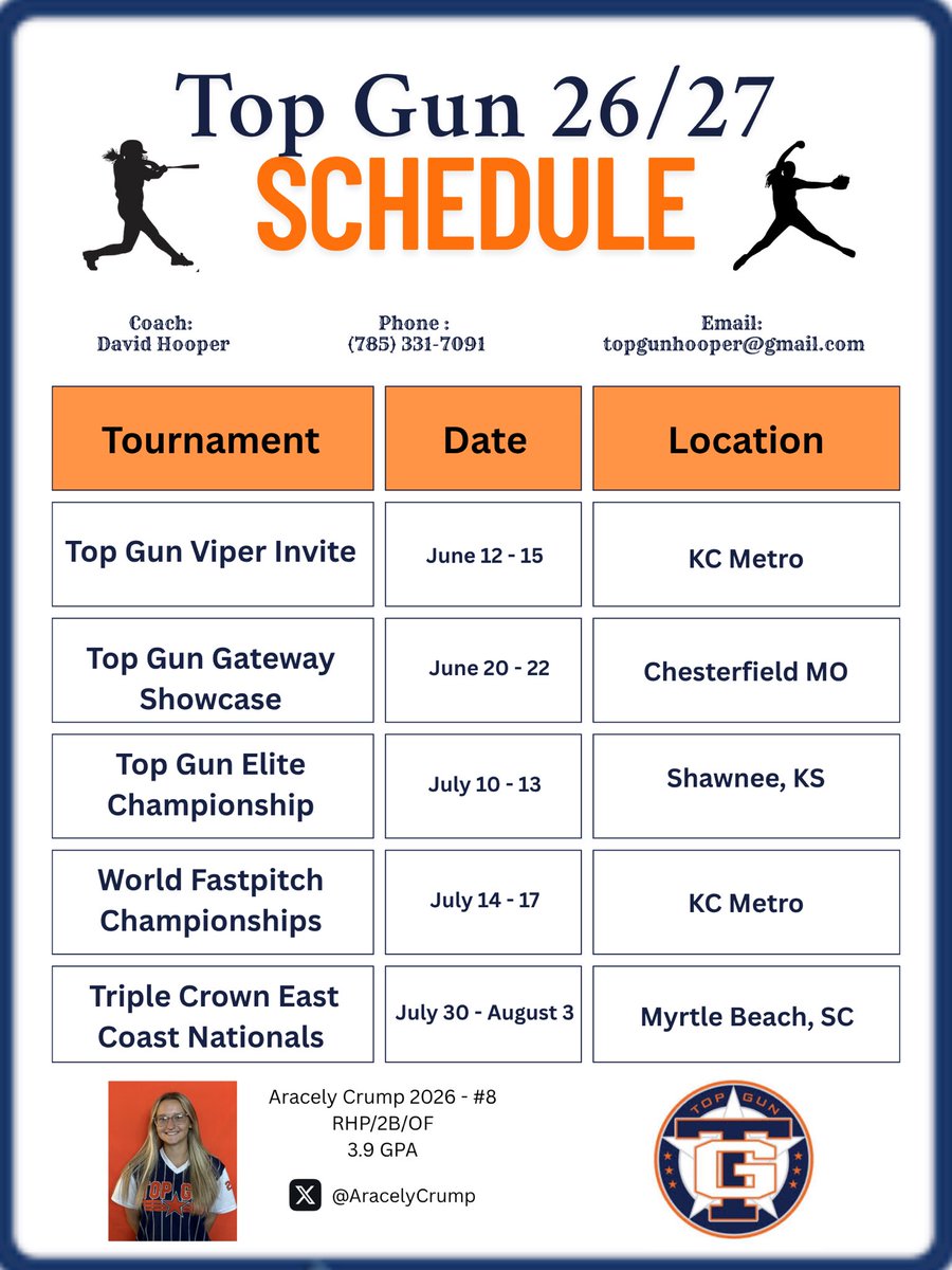 Summer has started which means SOFTBALL! Here is my softball 2025 schedule, come watch me and my team this summer! 🔥💙🧡