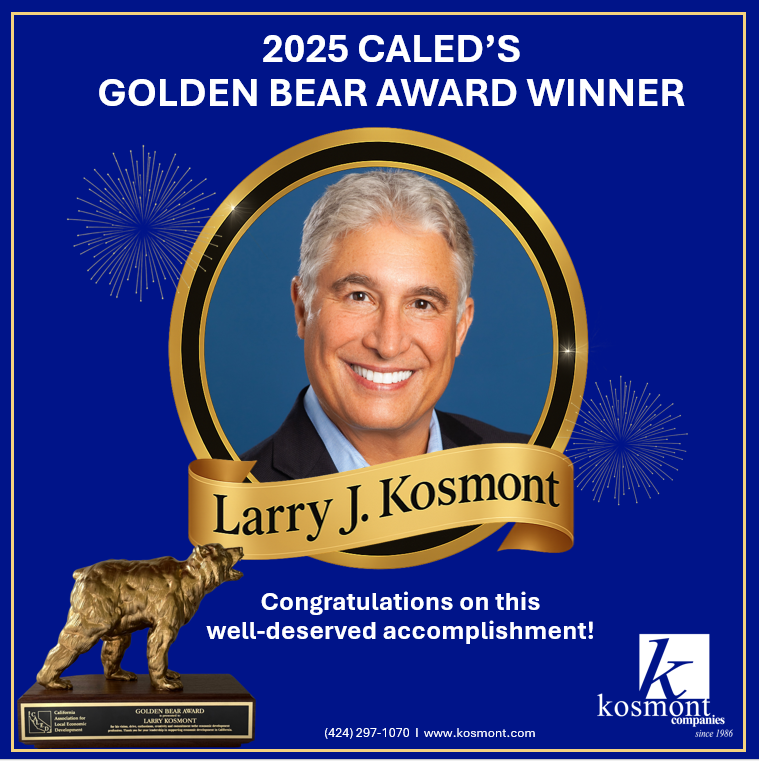 We are incredibly proud to share that #Kosmont Companies Chairman and CEO, Larry Kosmont, has received the <a href="/CALED_EconDev/">CALED</a>'s (#CALED) highest honor—the Golden Bear Award—an unforgettable tribute to his extraordinary career! On behalf of the entire Kosmont Team, we extend our