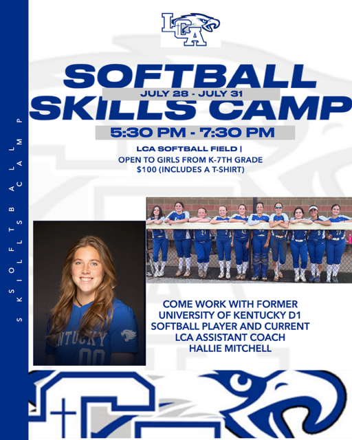 🥎 Don’t miss this chance to train with former UK D1 player &amp; current LCA Asst. Coach Hallie Mitchell!

LCA Softball Camp for K–7th grade
📅 July 28–31 | ⏰ 5:30–7:30PM
📍 LCA Softball Field
🔗 ow.ly/G1Uk50W7kxl

#WeAreLCA <a href="/LCAEagles_SB/">LCA Softball</a>