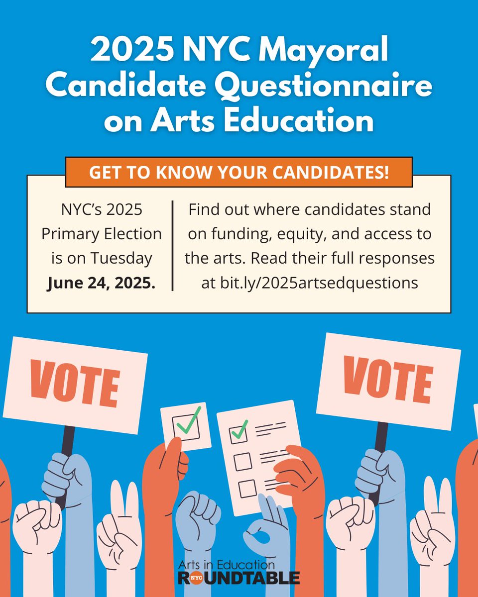 Check  out our Mayoral Candidate Questionnaire on #ArtsEd! This survey was designed to determine candidates’ positions on issues related to the delivery of arts education in New York City public schools. Head to bit.ly/2025artsedques… to view candidate responses and more!
