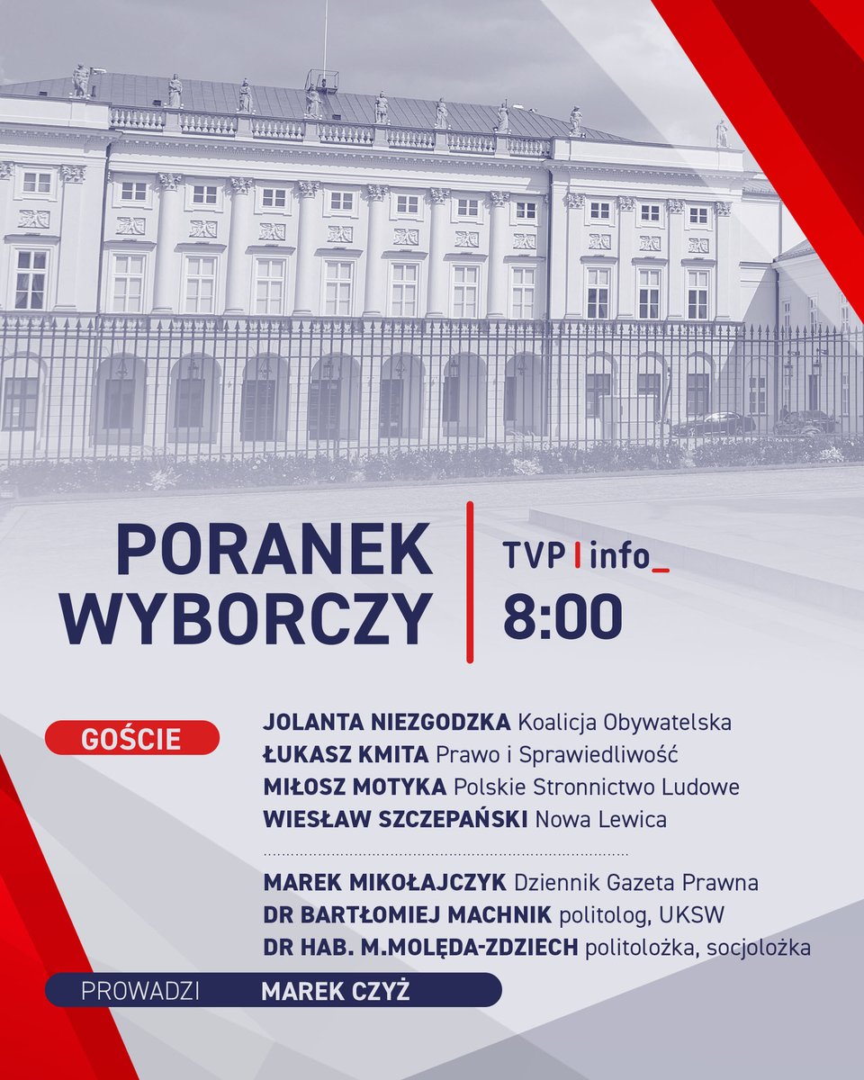 tvp.info 🇵🇱 (@tvp_info) on Twitter photo "Poranek wyborczy" od 8.00 w TVP Info!
Goście Marka Czyża:
➡️ <a href="/JNiezgodzka/">Jolanta Niezgodzka</a>
➡️ <a href="/Lukasz_Kmita/">Łukasz Kmita</a>
➡️ <a href="/motykamilosz/">Miłosz Motyka</a>
➡️ <a href="/Szczepanski2019/">Wiesław Szczepański</a>
➡️ <a href="/mikolajczykm/">Marek Mikołajczyk</a>
➡️ <a href="/machnikbartek/">Bartek Machnik</a>
➡️ <a href="/MoledaMa/">Małgorzata Molęda-Zdziech</a>
🔵 Oglądaj online 👉 tvp.info/ogladaj-na-zywo lub w aplikacji mobilnej 📲 "Poranek wyborczy" od 8.00 w TVP Info!
Goście Marka Czyża:
➡️ <a href="/JNiezgodzka/">Jolanta Niezgodzka</a>
➡️ <a href="/Lukasz_Kmita/">Łukasz Kmita</a>
➡️ <a href="/motykamilosz/">Miłosz Motyka</a>
➡️ <a href="/Szczepanski2019/">Wiesław Szczepański</a>
➡️ <a href="/mikolajczykm/">Marek Mikołajczyk</a>
➡️ <a href="/machnikbartek/">Bartek Machnik</a>
➡️ <a href="/MoledaMa/">Małgorzata Molęda-Zdziech</a>
🔵 Oglądaj online 👉 tvp.info/ogladaj-na-zywo lub w aplikacji mobilnej 📲