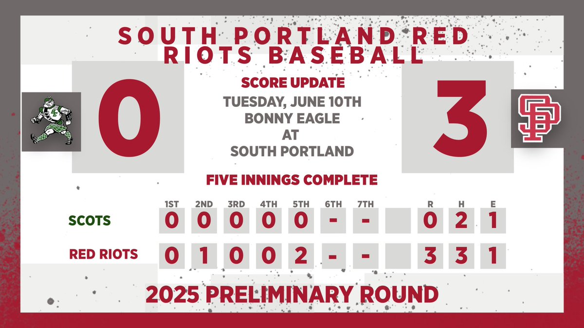 SPREDRIOTS's tweet image. Baseball Preliminary Round from the Wainwright Sports Complex. Five innings complete. @BonnyEagleScots