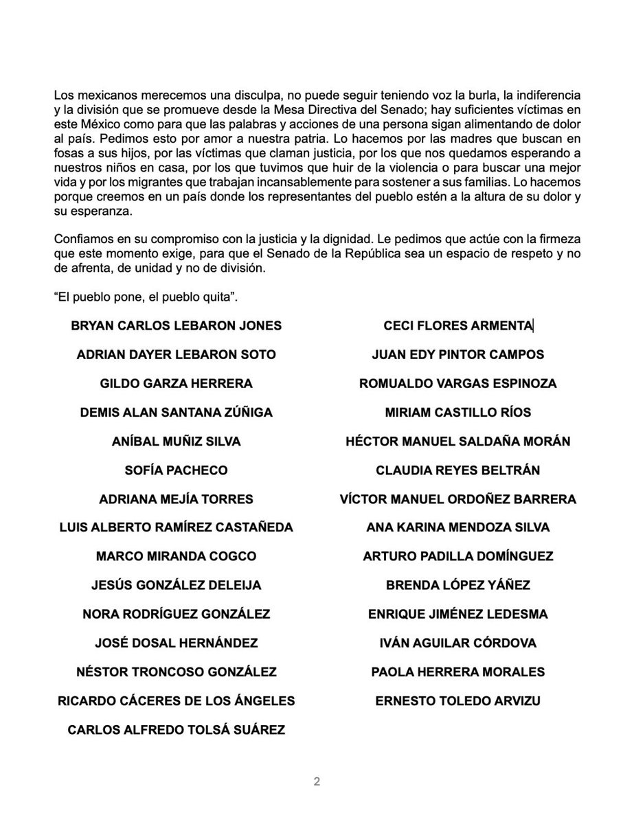 Junto con muchos activistas enviamos una carta a <a href="/Claudiashein/">Claudia Sheinbaum Pardo</a> para pedir la renuncia de Fernández Noroña al Senado.

Sus palabras y acciones han sido un atentado constante contra el dolor de muchas víctimas en México; su burla no solo causa dolor, ahora la tendrán que pagar