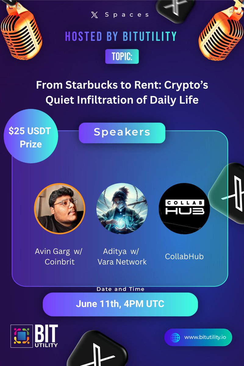 BitUtility (@bitutilityx) on Twitter photo 🚨 Space + $25 $USDT #Giveaway 🚨
🤝 From Starbucks to Rent: Crypto’s Quiet Infiltration of Daily Life
🗓️ June 11th, 4:00 PM UTC
🥂 Speakers:
🔸Aditya - <a href="/adityakrx/">adityakrx.eth</a> | Devrel Lead, India of <a href="/VaraNetwork/">Vara Network</a> <a href="/Gear_Foundation/">Gear Foundation</a>
🔸Avin Garg - <a href="/avingarg_12/">Avin Garg</a> | Co-Founder of <a href="/Coinbrit/">CoinBrit | Honest Crypto News</a> 🚨 Space + $25 $USDT #Giveaway 🚨
🤝 From Starbucks to Rent: Crypto’s Quiet Infiltration of Daily Life
🗓️ June 11th, 4:00 PM UTC
🥂 Speakers:
🔸Aditya - <a href="/adityakrx/">adityakrx.eth</a> | Devrel Lead, India of <a href="/VaraNetwork/">Vara Network</a> <a href="/Gear_Foundation/">Gear Foundation</a>
🔸Avin Garg - <a href="/avingarg_12/">Avin Garg</a> | Co-Founder of <a href="/Coinbrit/">CoinBrit | Honest Crypto News</a>