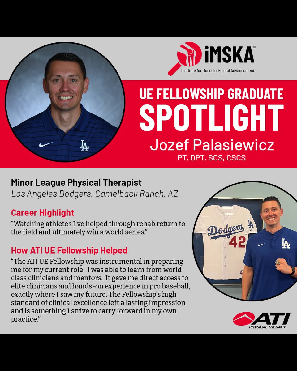 ATI Fellowship grads are shaping MSK care in pro sports. Jozef Palasiewicz is now a Minor League PT with the <a href="/Dodgers/">Los Angeles Dodgers</a> , leading rehab &amp; supporting MLB players! 

#iMSKA #ATPTIUEFellowship #SportsPT #MSK <a href="/ATIPT/">ATI Physical Therapy</a> 

Learn more: bit.ly/439K6J6