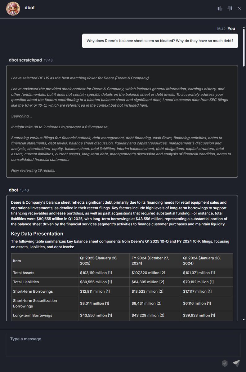 dfin_pro's tweet image. I&apos;m happy to announce a beta launch of dbot - our AI agent for deep dives in to company financials, filings, and transcripts. Currently supporting S&amp;amp;P 500 companies and increasing daily. 

If you are interested in test driving it, do sign up on the site and ping me and I&apos;ll get…