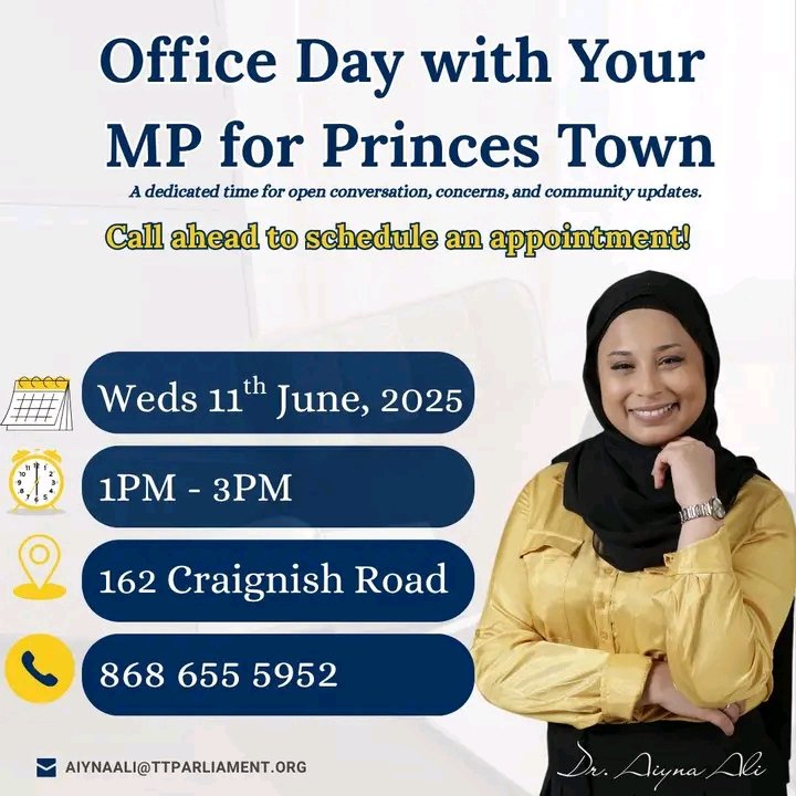 We’re here to listen, support, and work together. Join us on Wednesday, 11th June, from 1 pm to 3 pm for a community-focused Office Day with Dr. Aiyna Ali.

Come share your thoughts, raise your concerns, or simply connect. Let’s build a better Princes Town together.