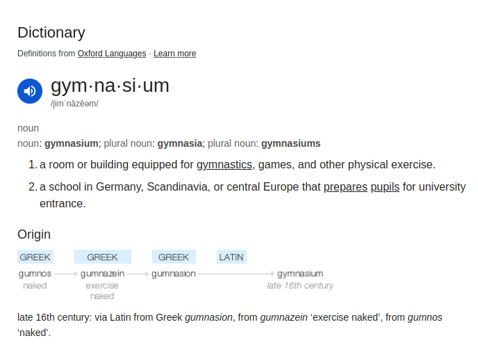 The word gymnasium come from the Greek word for naked exercise.