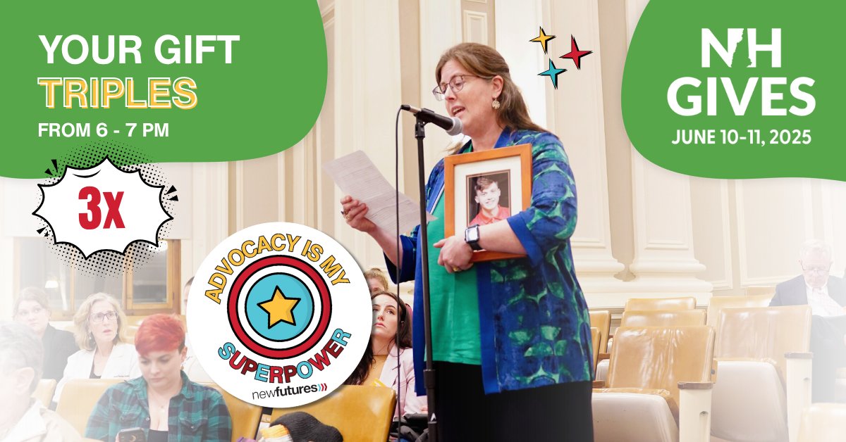 Katie from Bow testified about her late son's mental health struggles to help secure funding for the 988 Suicide &amp; Crisis Lifeline. ❤️ Help us train more advocates like Katie to build a brighter NH! Give now until 7 pm and your gift TRIPLES! 👉nhgives.org/organizations/… #NHGives