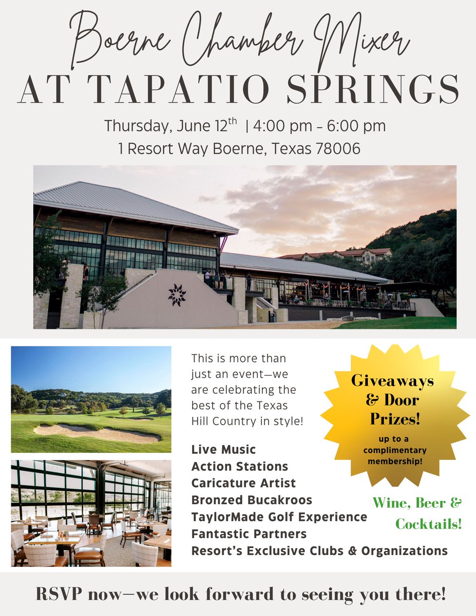 It’s almost mixer time! Join us this Thursday, June 12th between 4-6pm as we gather for an unforgettable evening at <a href="/tapatiosprings/">Tapatio Springs</a> during dour Boerne After Hours Networking Mixer!

📧 RSVP now by emailing steely@boerne.org

📍1 Resort Way Boerne, TX 78006