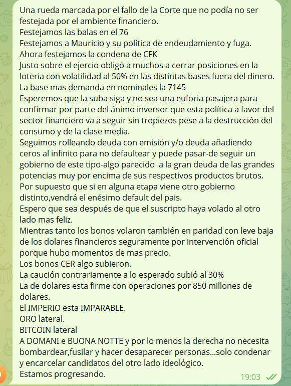 Una nueva etapa política y el festejo de la bolsa.
Lástima que este programa económico no tenga consistencia en el largo plazo.
Una ALQUIMIA por no ser un plan de DESARROLLO
Es para POCOS.