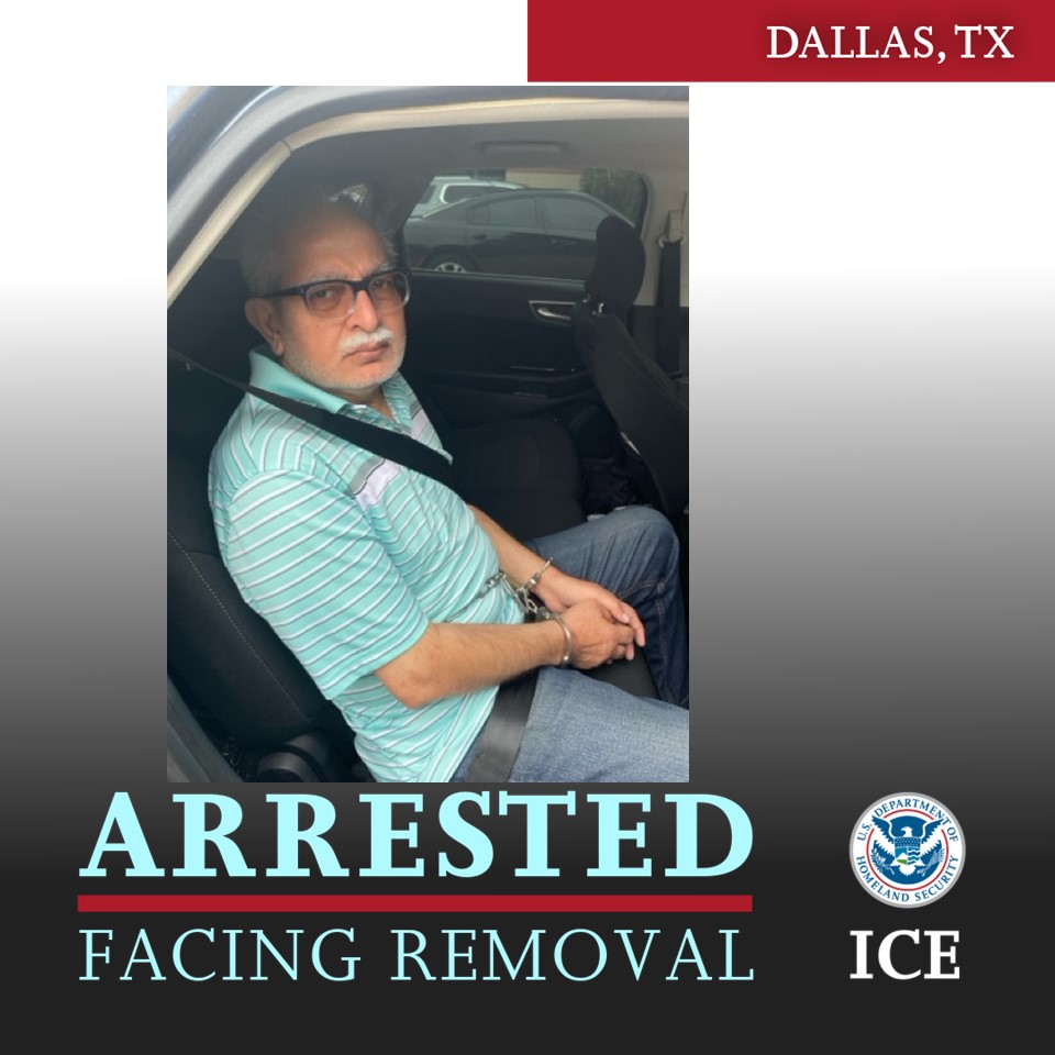 HSI_Dallas's tweet image. ICE @HSI_Dallas arrests Sadruddin Soomar, a Pakistani national, illegally present in the U.S. for decades. Soomar is currently detained in ICE custody pending removal proceedings.
