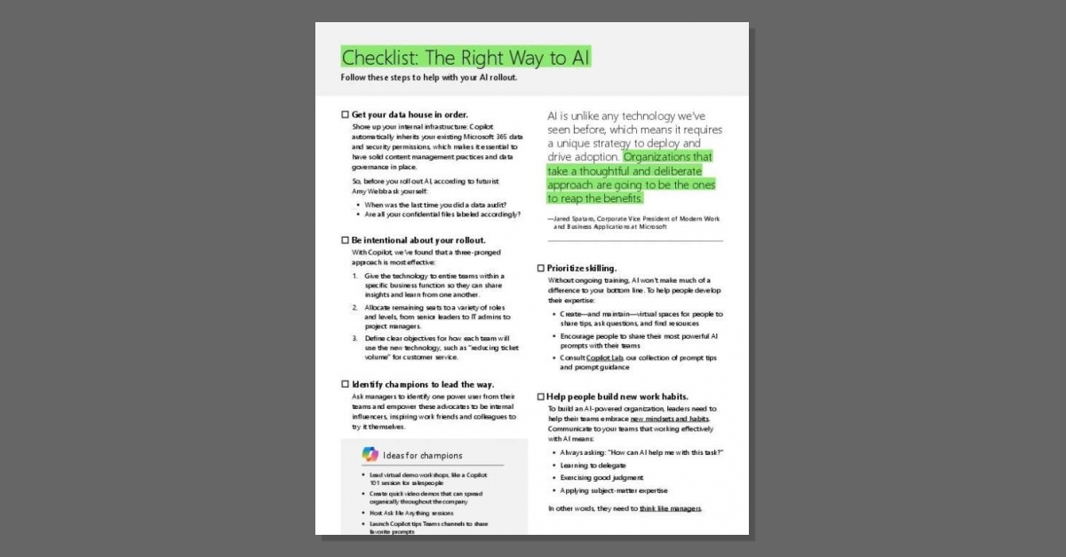 Thinking of rolling out #AI in your business? Look before leap. Check out this checklist for insights on developing an effective AI adoption strategy with Copilot for <a href="/Microsoft/">Microsoft</a> 365. stuf.in/bgiq4p
