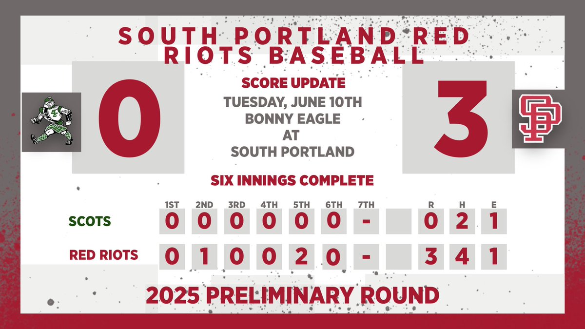 SPREDRIOTS's tweet image. Baseball Preliminary Round from the Wainwright Sports Complex. Six innings complete. @BonnyEagleScots