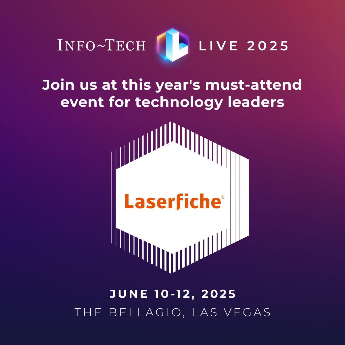 Laserfiche is on the ground at #InfoTechLIVE, through June 12! Visit our booth to say "hi" 👋 and learn more about your IT team can transform your organization with intelligent document management tools.