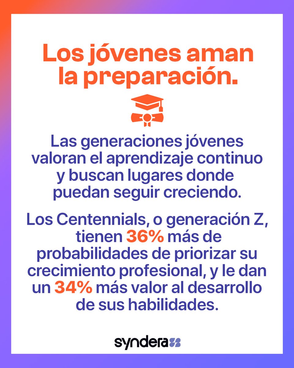 _Syndera_'s tweet photo. Las nuevas generaciones cada vez valoran más la capacitación 👨‍🏫 y quieren aprender nuevas habilidades 🎓
Hoy en día, la capacitación y entrenamiento ya no es un lujo, es una necesidad ✅ y la información está al alcance de todos, así que no te quedes atrás.

 #soysyndera https://t.co/yxPabgCKQm