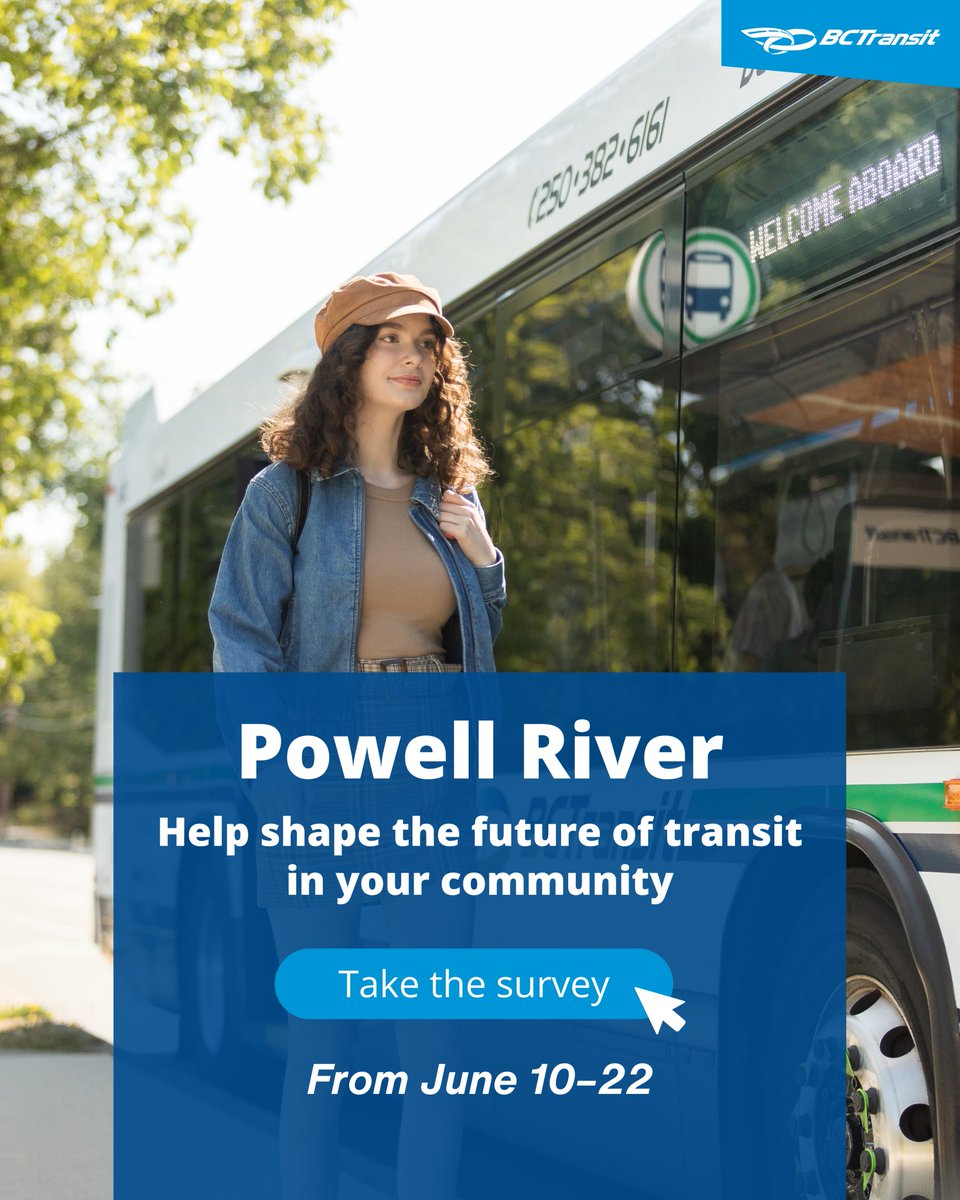 Hey #PowellRiver riders! Help us shape the future of transit in your community. Share your priorities for rural routes 12, 13, and 14.

Take the survey online or visit us in person on June 16 &amp; 17. Details 👉 engage.bctransit.com/powell-river-t…
