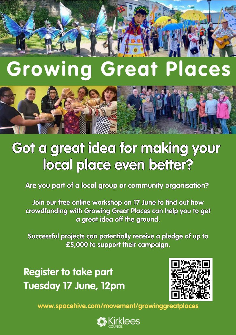 Got a great idea for making your local place even better?

✅ Join a free online workshop on Tuesday, June 17, 12 - 1pm to find out how crowdfunding with Growing Great Places can help you to get a great idea off the ground.

For more information visit ⬇️ spacehive.com/movement/growi…