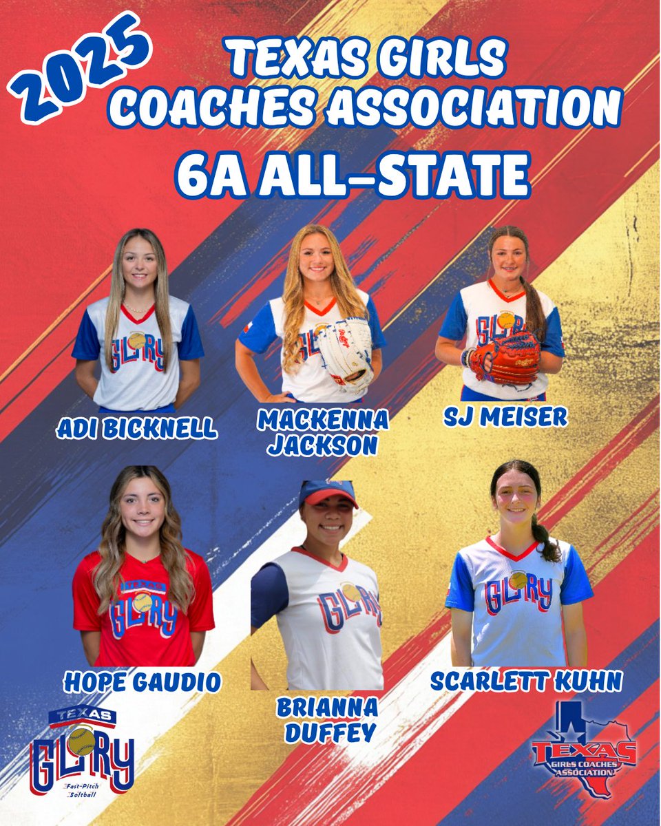Texas Glory Girls are 2025 TGCA 6A All-State.  Flower Mound's Adi Bicknell, Keller's Mackenna Jackson, SJ Meiser, Mansfield Legacy's Hope Gaudio, Royse City's Bri Duffey &amp; Southlake's Scarlett Kuhn. 
tinyurl.com/43h84yju
<a href="/TexasGlory/">Texas Glory</a>  @ripitsports <a href="/AustinTGCA/">TGCA</a>