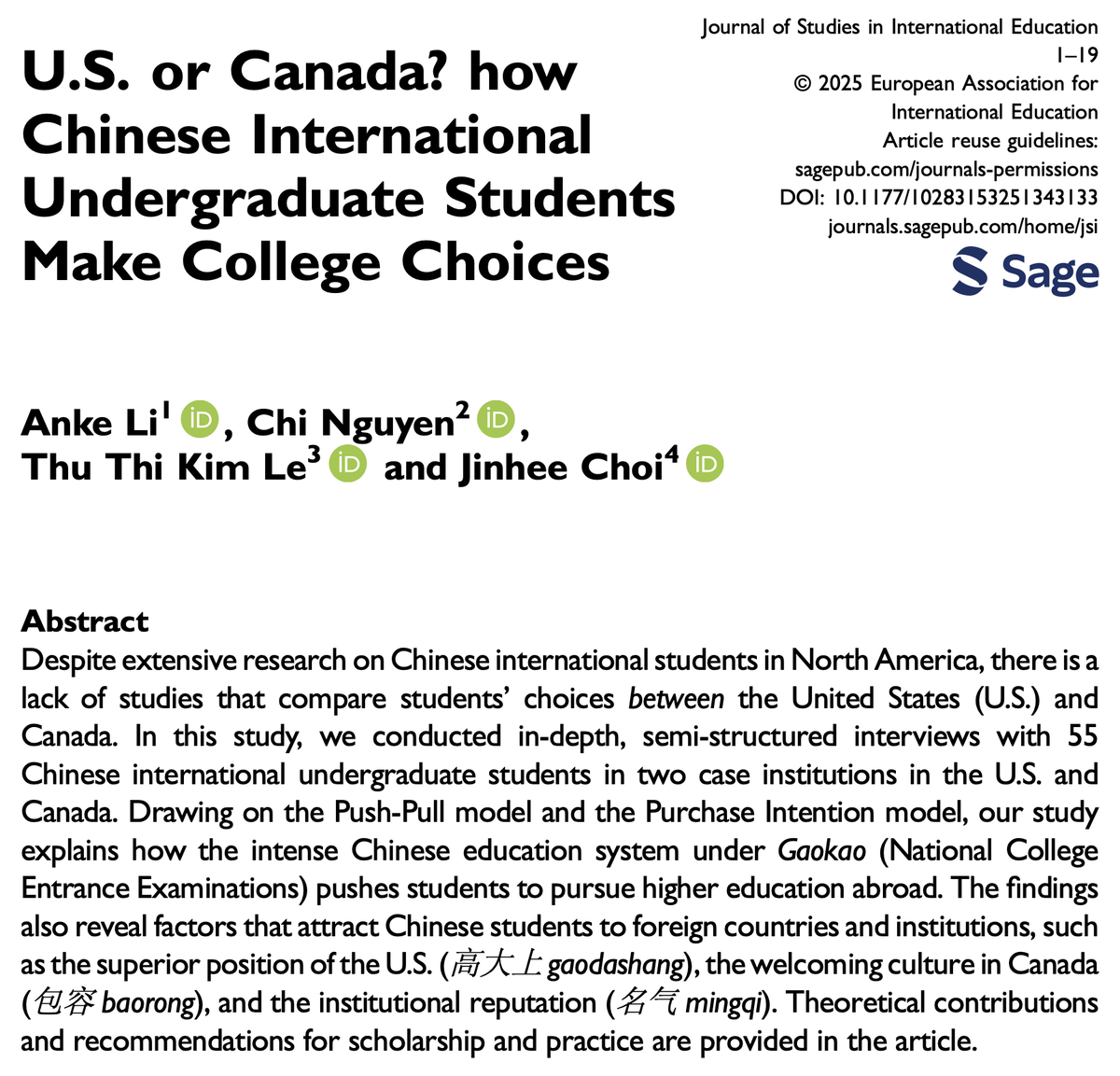 Journal of Studies in International Education (@jsinted) on Twitter photo U.S or Canada? How Chinese international undergraduate students make college choices
Anke Li <a href="/ChiNguyenPhD/">Chi Nguyen, PhD</a> et al
→ doi.org/10.1177/102831…
#InternationalStudents #ChineseStudents #CollegeChoice #UniversityChoice #StudyAbroad #IntlEd #StudentMobility #UnitedStates #Canada 🇺🇸🇨🇦 U.S or Canada? How Chinese international undergraduate students make college choices
Anke Li <a href="/ChiNguyenPhD/">Chi Nguyen, PhD</a> et al
→ doi.org/10.1177/102831…
#InternationalStudents #ChineseStudents #CollegeChoice #UniversityChoice #StudyAbroad #IntlEd #StudentMobility #UnitedStates #Canada 🇺🇸🇨🇦