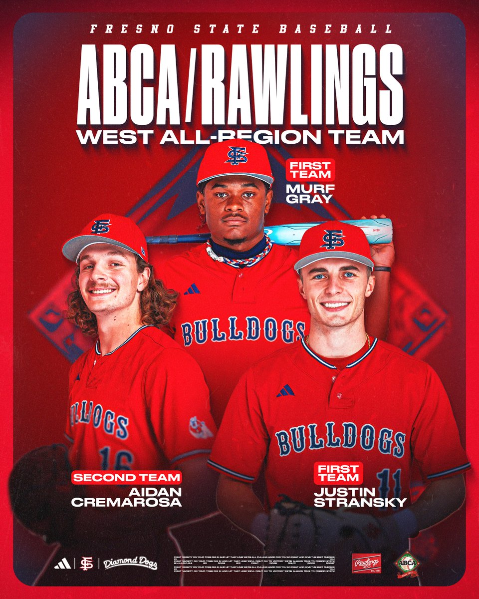 more honors for the Diamond 'Dogs 🏆 

Justin Stransky, Murf Gray and Aidan Cremarosa have been named to the ABCA/Rawlings West All-Region Team‼️

#DiamondDogs