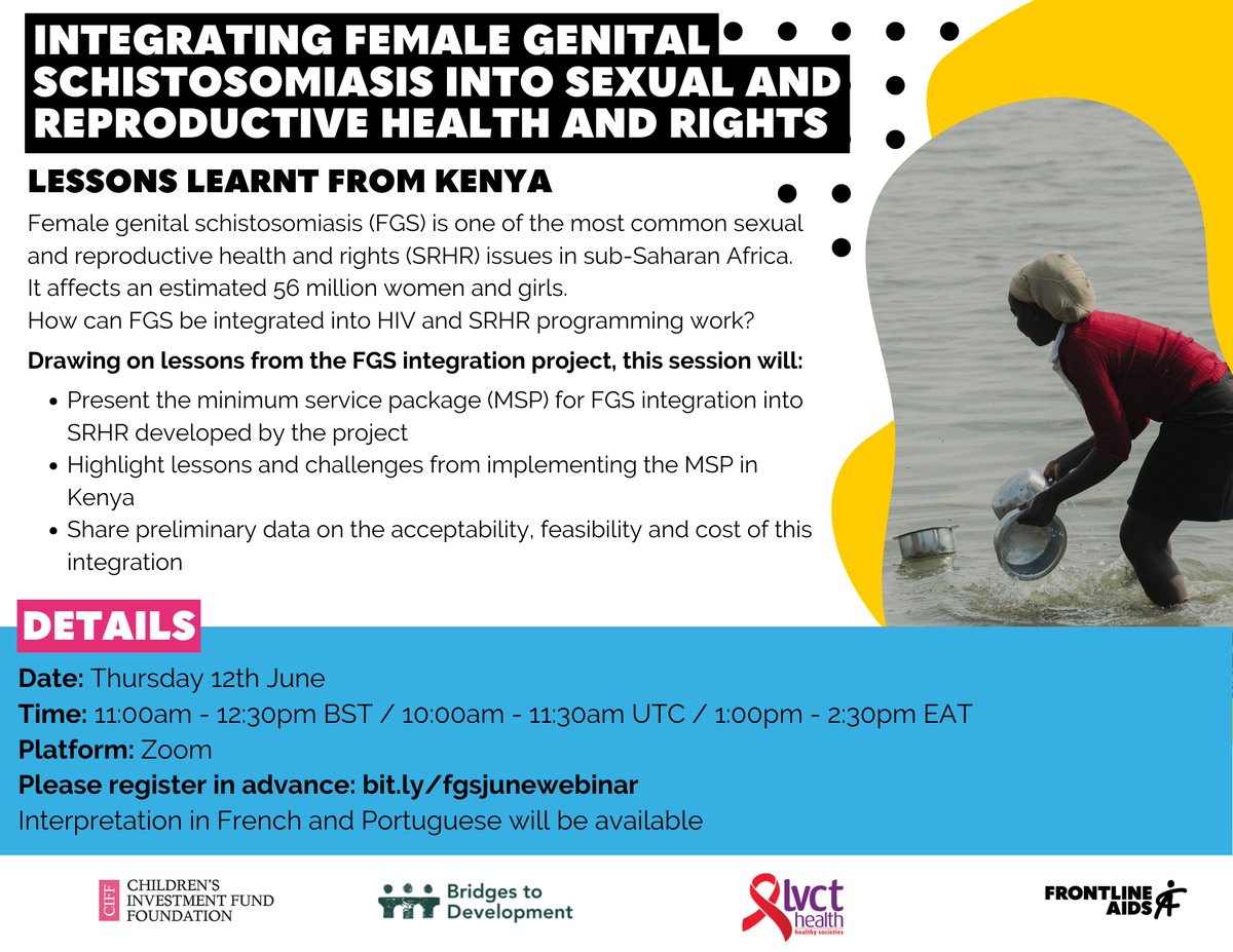 Bridges to Development (@bridges2develop) on Twitter photo Join our webinar this Thursday w/<a href="/frontlineaids/">Frontline AIDS</a> & <a href="/LVCTKe/">LVCT Health</a> on our <a href="/CIFFchild/">The Children's Investment Fund Foundation</a> funded project implementing a minimum service package to integrate Female Genital Schistosomiasis into Sexual Reproductive Health programs in Kenya. Register🔗bit.ly/fgsjunewebinar #beatNTDs #FGSchisto Join our webinar this Thursday w/<a href="/frontlineaids/">Frontline AIDS</a> & <a href="/LVCTKe/">LVCT Health</a> on our <a href="/CIFFchild/">The Children's Investment Fund Foundation</a> funded project implementing a minimum service package to integrate Female Genital Schistosomiasis into Sexual Reproductive Health programs in Kenya. Register🔗bit.ly/fgsjunewebinar #beatNTDs #FGSchisto