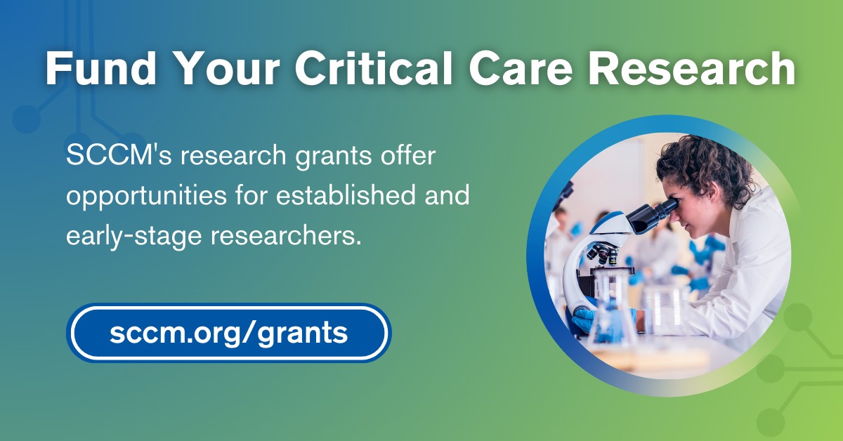 Are you an established or early-stage researcher in critical care? 🔬 Fund your research with SCCM research grants! Three grants are awarded each year to critical care professionals seeking funding to advance critical care. Apply by July 11: sccm.org/grants
#SCCM