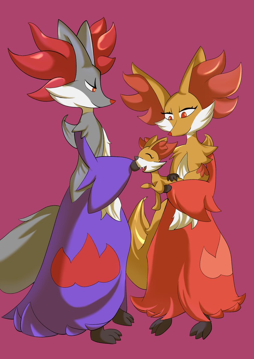 CobaltEmperor's tweet image. Alright, this is the most I can finish for this special day! 
Solène&apos;s first idols were her family as they were her first she looked up to.

Her father, Julien (🟣) and her mother, Ambre (🔴). 

#マフォクシーの日  #delphoxday #pokemonfanart