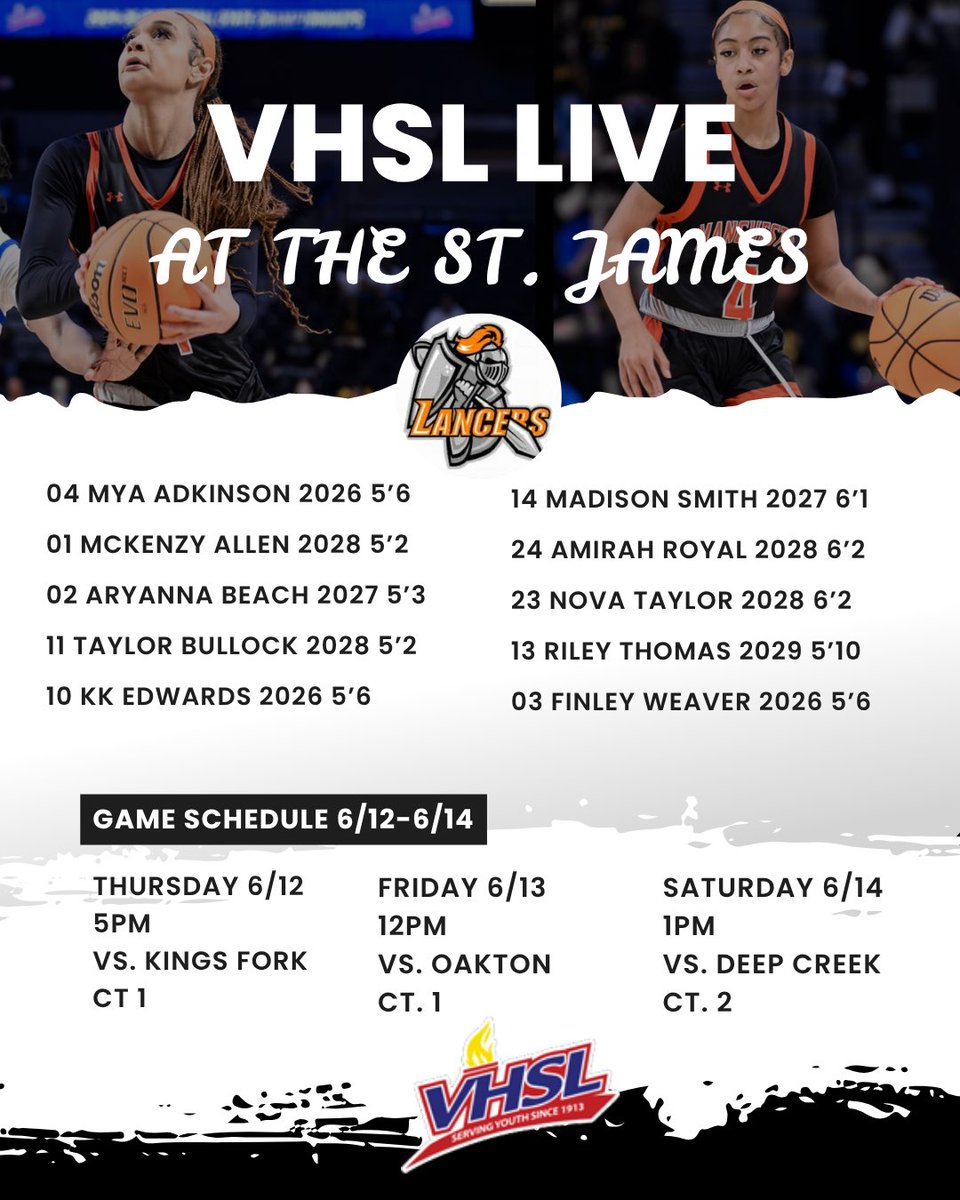 ladylancersMHS's tweet image. ‼️Manchester Lady Lancers are back!  We will be playing in the VHSL LIVE EVENT at The St. James. College Coaches, see our schedule below👇@Radford_WBB @SpiderWBBall @Marymount_WBB @MasonWBB @GW_WBB @VCUWBB @cnuwbb @GeorgetownWBB @AmericanWbb @UVAWomensHoops @JMUWBasketball
