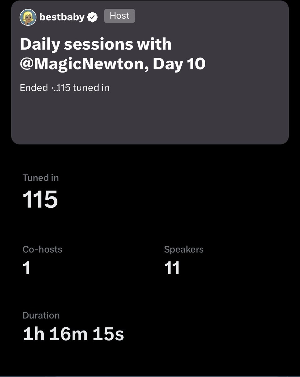 Day 10 ✅

Special thanks to our co-host <a href="/ABCDQ__/">alubarika😇</a> and our wonderful speakers, and all the listeners. 

Thank you for gracing us with your presence, I look forward to seeing you tomorrow 

Same time: 10PM - 11PM 

Daily sessions with <a href="/MagicNewton/">Newton</a>