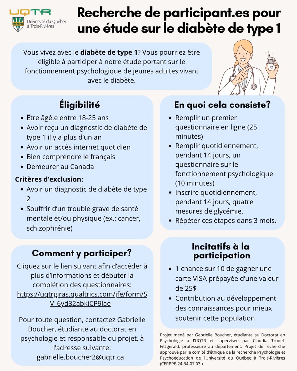 ✨Alerte recrutement✨

Le projet s'adresse aux adultes âgés entre 18-25 ans et vivant avec le diabète de type 1.

Cliquez sur le lien suivant afin d’accéder à plus d’informations et débuter la complétion des questionnaires:
uqtrgiras.qualtrics.com/jfe/form/SV_6y…