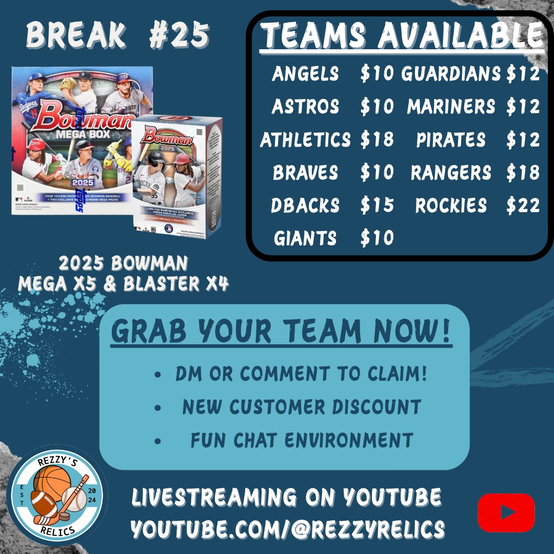 RezzyRelics's tweet photo. 🚨🚨NEW BREAK🚨🚨

Break #25 - '25 Bowman Mega x5 & Blaster x4

Chasing some mojo parallels and autos!

$5 stack shipping
New customer? Get $10 off order $21+
Team gone? Comment or DM to join the group chat for early claim access.

#RezzyRips #thehobby #HobbyX #TBBReposts 
@HobbyUnlimited