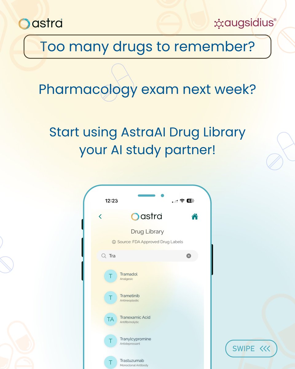 augsidius's tweet photo. Too many drugs to remember?
Pharma exam coming up?
Ditch the confusion. Ditch the cramming.
Say hello to AstraAI — your AI-powered assistant for quick, smart, and stress-free pharmacology prep!
#AstraAI #PharmaPrep #MedSchoolLife #MedStudentSupport #AIinMedicine #StudySmart https://t.co/WG4revFMlQ
