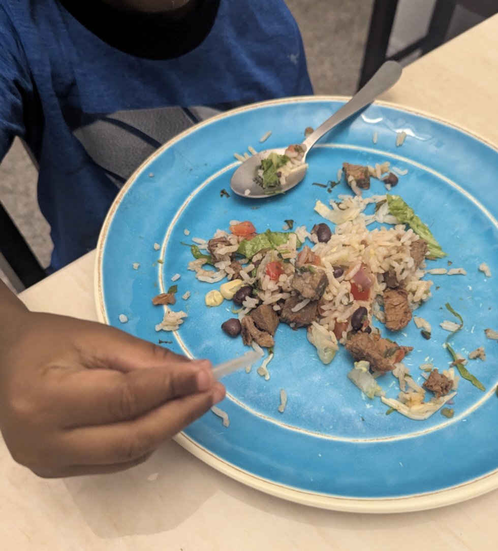 Mjrforce's tweet photo. Had takeout for dinner tonight at @ChipotleTweets. One large bowl, double meat. Shared it with my partner and our grandson. He took two bites and started choking on this piece of plastic. Don't know what it is, but it could have ended with a lot worse than a spoiled appetite. https://t.co/SosqUygtee