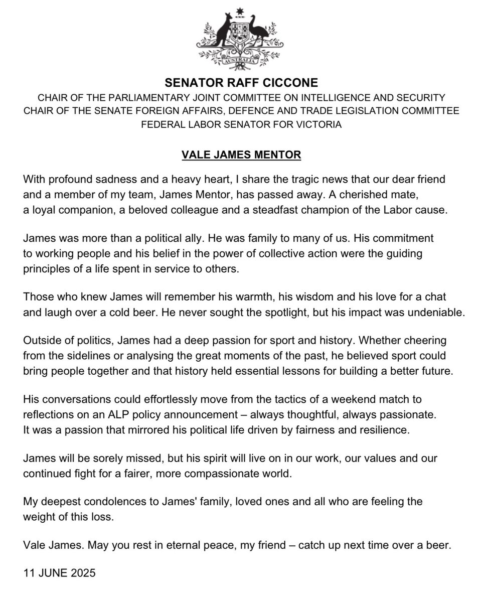 SenRaffCiccone's tweet photo. STATEMENT ON THE PASSING OF JAMES MENTOR https://t.co/3cdqODuIb5