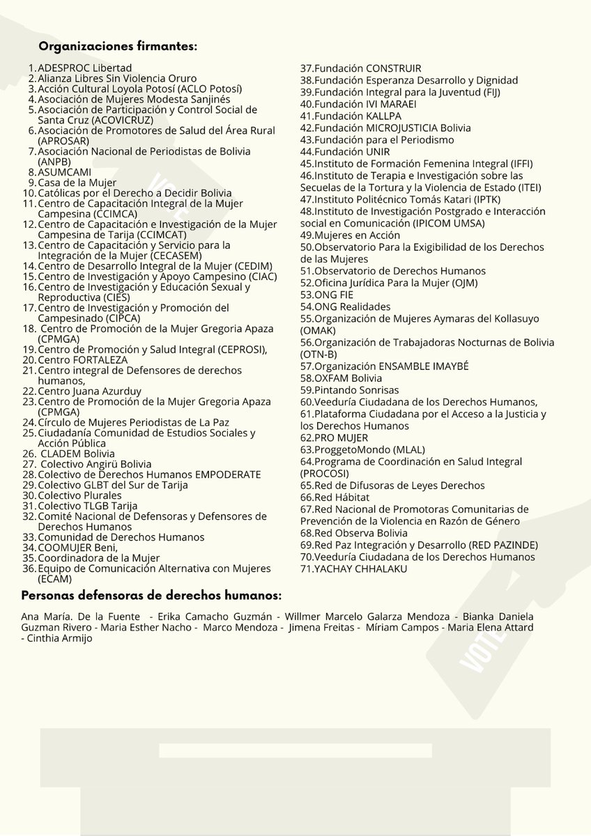 🚨🚨Ante los altos niveles de conflictividad por la que estamos pasando en el país.

Colectivos, organizaciones y activistas de la sociedad civil organizada, hacemos un llamado a  promover mecanismos pacíficos de resolución de conflictos. #Pronunciamiento
#BoliviaenPaz