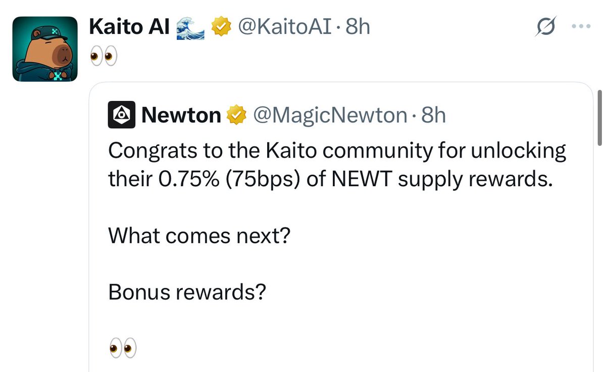 Kaito account is also teasing about larger $NEWT allocation to the community.

Seems like <a href="/MagicNewton/">Newton</a> fully have understood the value Kaito provides and they want to align incentives long-term with power users from the eco.

I will fully support and keep deploying Magic Newton