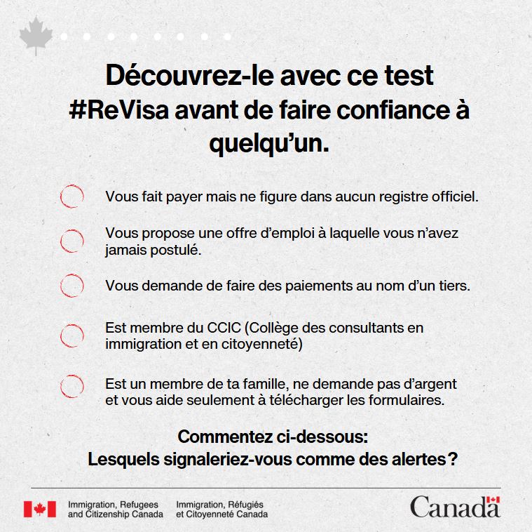 On t’a proposé de l’aide pour immigrer au Canada?

Avant de signer, payer ou partager tes infos, #ReVisa qui est derrière ta demande.

📍 Représentants autorisés : canada.ca/representant-i…

💬 Des questions ou une expérience? Commente!