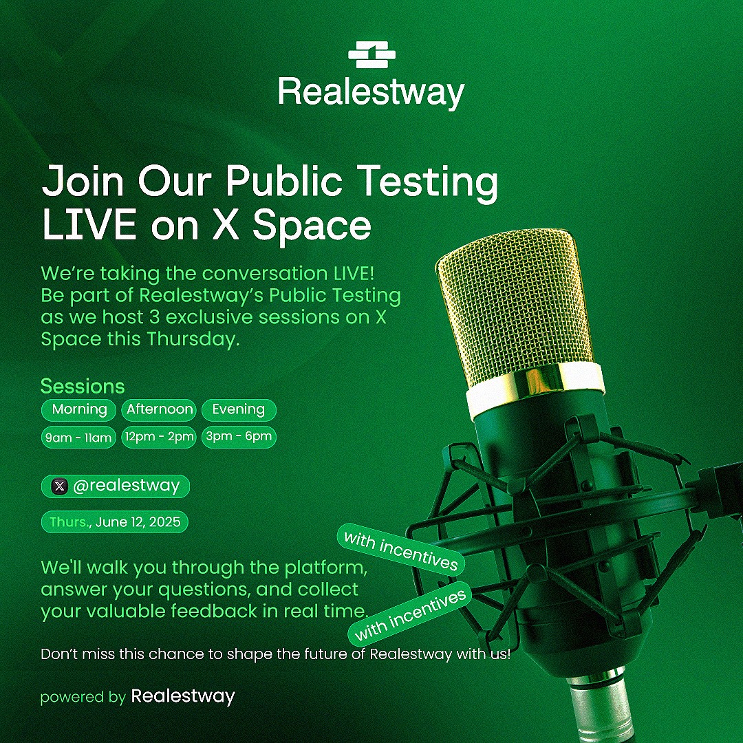 realestway's tweet image. 🚀 Realestway Pre-Launch Public Testing LIVE on X Space! 🎙

We’re going LIVE this Thursday, June 12 for a special pre-launch event — and you’re invited!

#RealestwayLive #PublicTesting #RealestwayPrelaunch #XSpaceEvent #NigerianProptech