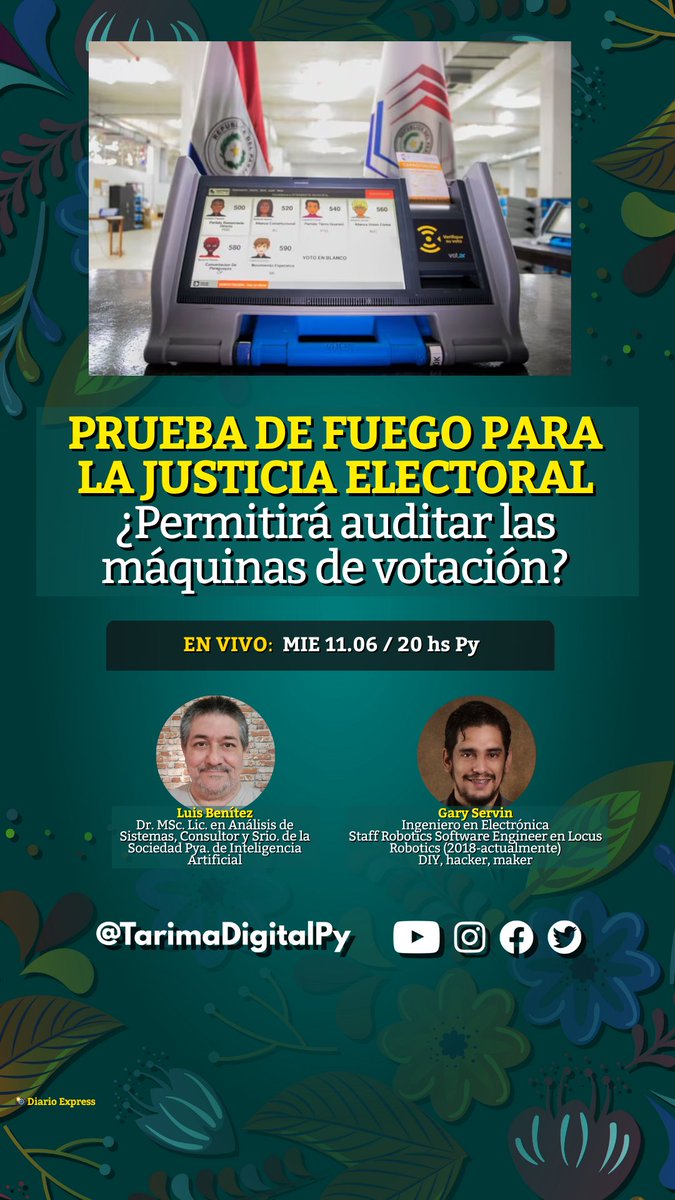 Este miércoles 11 de junio a las 20 hs estaremos hablando con <a href="/angatupyrytau/">angatupyrytau</a> y <a href="/garyservin/">Gary Servín</a> sobre las máquinas de votación.

No es un tema menor, en el 2023 tuvimos más de 300 personas detenidas por exigir el reconteo de las papeletas.

Hoy, la Justicia Electoral todavía no