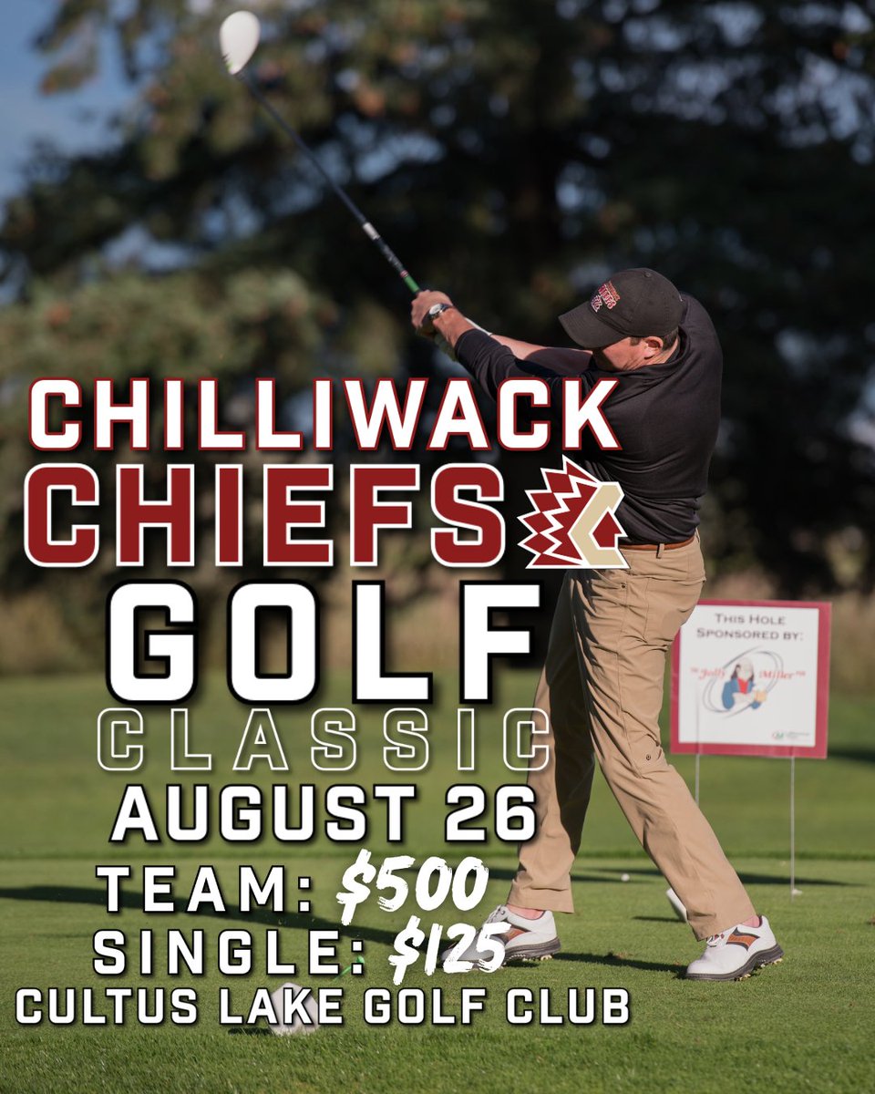 Registration for the 2025 Chilliwack Chiefs Golf Classic is now open!

Secure your team's spot today for a day full of great food, cool prizes and fun activities!
PLUS lots of opportunities to meet &amp; interact with Chiefs players

REGISTER HERE:
chilliwackchiefsstore.ca/shop/events/8