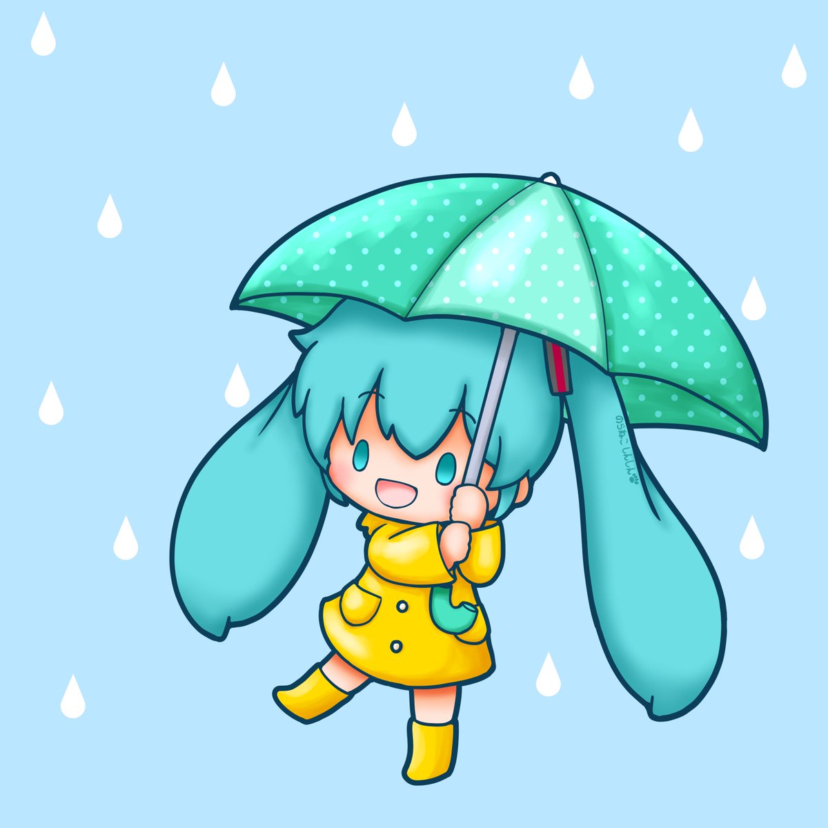 初音ミク「今日は傘の日 ミクちゃん、傘をさしてお出掛けです #初音ミク」|野良猫しんしんのイラスト