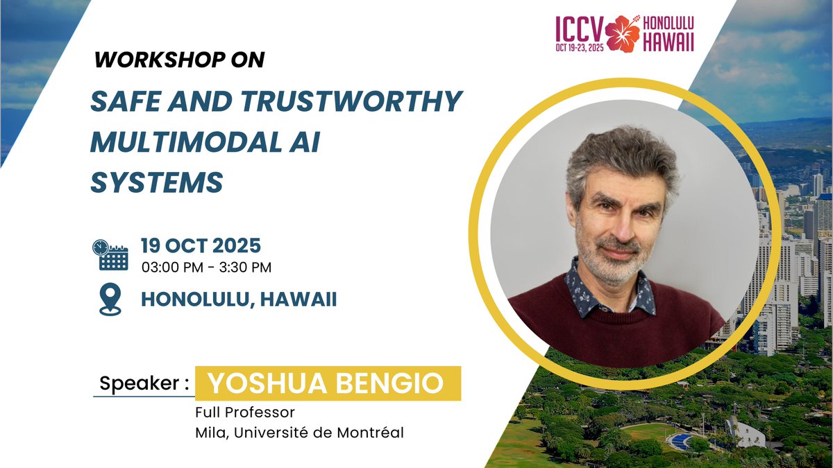 SaFeMMAI's tweet image. 📢 We are excited to announce Prof. @Yoshua_Bengio as a keynote speaker at our #SaFeMMAI workshop at @ICCVConference!
He will discuss the need for safe and trustworthy AI, and his approach to addressing it through a non-agentic “Scientist AI” system🤖
🔗 safemmai.github.io