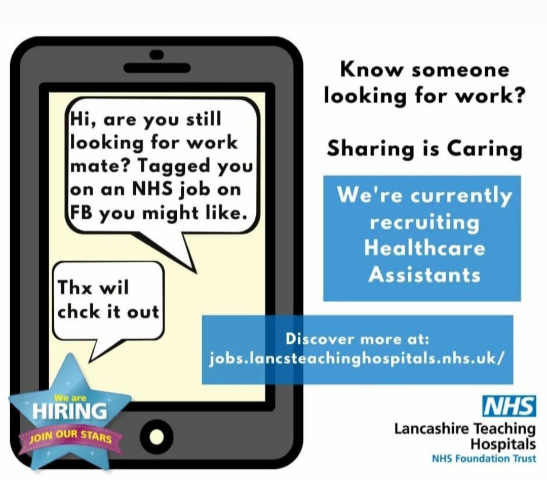 We love it when you share our roles as we reach people we couldn't have reached without you!

Recruiting Healthcare Assistants now: lancsteachinghospitals.nhs.uk/join-our-workf…

<a href="/LancsHospJobs/">Lancashire Teaching Hospitals Jobs 💙</a> <a href="/LancsHospitals/">Chorley & Royal Preston</a>