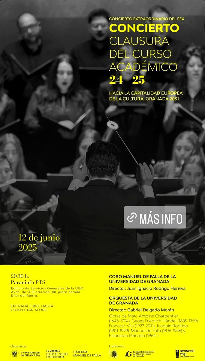 Actividad coral para el JUEVES 12 DE JUNIO.  EL Coro Manuel de Falla de la UGR, estará en el concierto de fin de curso de la UGR. Será en el Paraninfo del PTS y con entrada libre...
#Coros #MúsicaCoral
