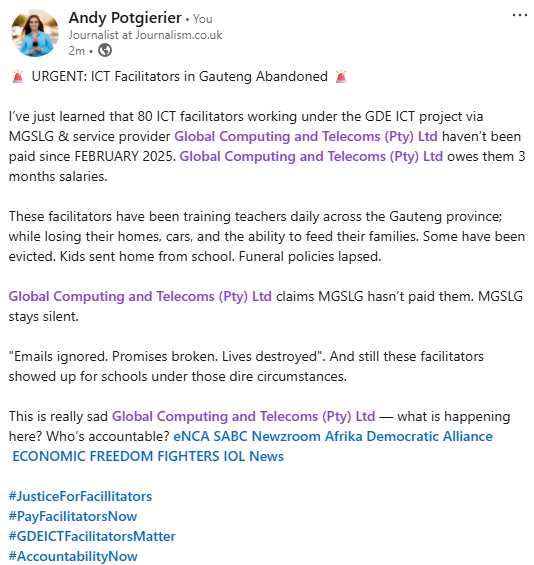 AndyPotgierier's tweet photo. @mgslg1 @Julius_S_Malema @Lesufi @matomekopano @GlobalComputing @EFFSouthAfrica @EFFYouthCommand @EFFMidrand @SABCNews @MorningLiveSABC @Newzroom405 @eNCA @Our_DA @SakinaKamwendo @MbuyiseniNdlozi @Siviwe_G @LesediFM @thusoonketsang @TimesLIVE @SundayTimesZA @ewnupdates #GDE https://t.co/semg5VhvtZ