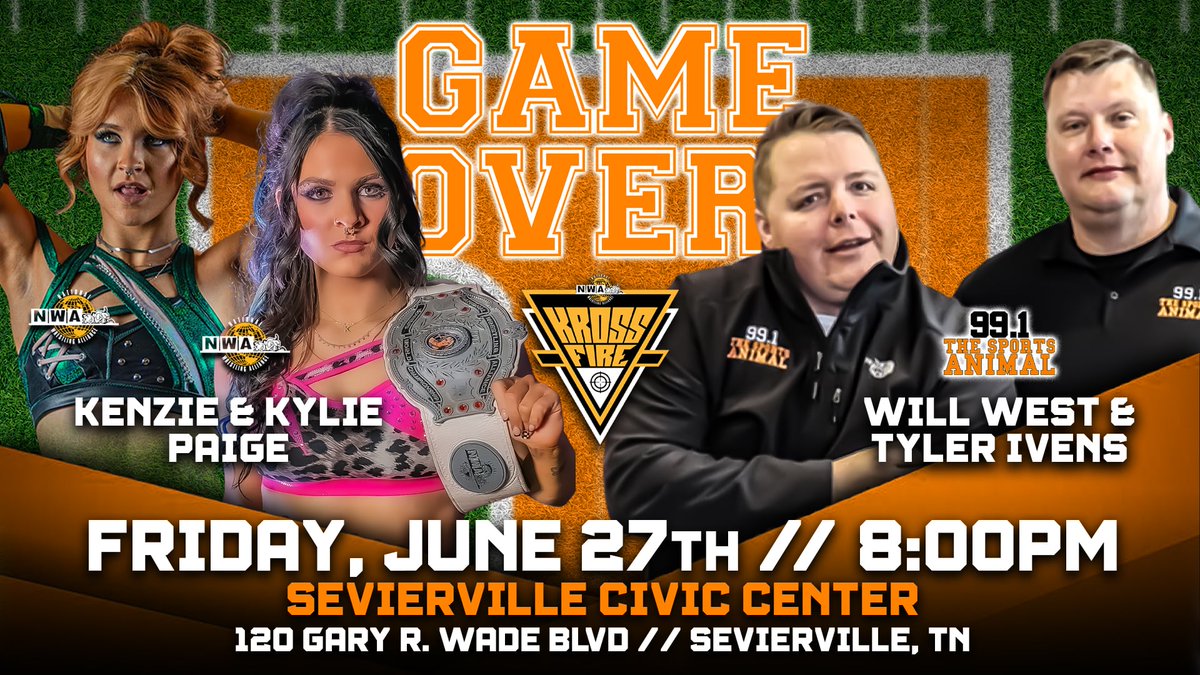 🍊 Paige Sisters vs Tyler Ivens &amp; Will West 🍊
m.bpt.me/event/6658855

Following an on-set disagreement, the Paige Sisters have issued a challenge to Tyler Ivens and Will West of Sports Animals for a street fight on June 27th at the Game Over.