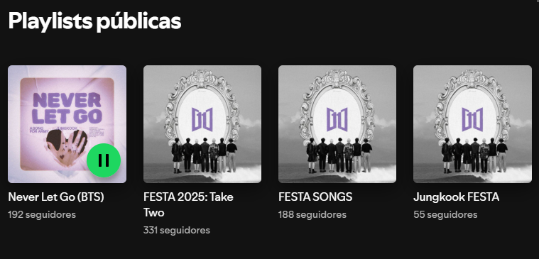 playlists para el festa 🥳💜

🖇️: (open.spotify.com/playlist/35KFH…)
🖇️: (open.spotify.com/playlist/5roUU…)
🖇️: (open.spotify.com/playlist/0bDEQ…)
🖇️: (open.spotify.com/playlist/3RrVw…)